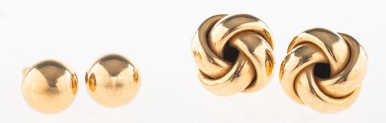 Two pairs of stud earrings, including a pair of knot studs, posts indistinct marks,