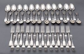 A 19th century matched silver canteen of Fiddle pattern flatware,