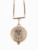 Boucher a small fob watch on chain the round dial having black Arabic numerals,