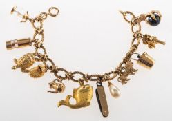 A charm bracelet with charms, a fancy rope twist and plain link bracelet,