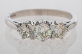 An 18ct gold three stone diamond ring, set with three old European-cut diamonds, diamonds approx. 1.