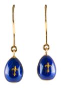 Faberge. A pair of blue enamelled egg drop earrings,