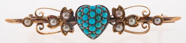 A Victorian turquoise and seed pearl sweetheart brooch,