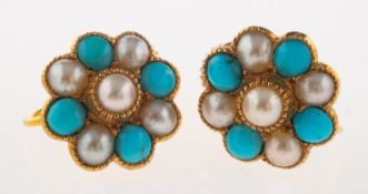 A pair of turquoise and pearl screw back earrings,