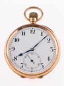 A 9ct gold open-faced pocket watch having a white enamel dial with black Arabic numerals,