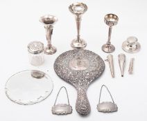 A mixed group of silver and silver plate including; a silver long handled mirror,