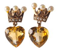 A pair of citrine and pearl heart and crown Luckenbooth earrings, possibly Victorian,