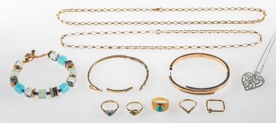 A mixed group of jewellery, including a faceted link belcher chain, UK hallmark for 375,