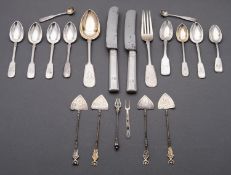 A mixed group of Russian and Poland silver flatware; five Fiddle pattern tea spoons,