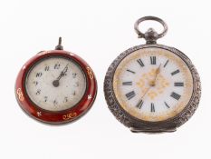 Two silver fob watches to include: A red enamelled fob watch the cream dial having stylised black