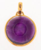 An amethyst pendant, collet set with a circular-cut amethyst cabochon, marked 9K to verso,