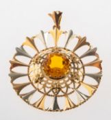 A citrine pendant, of openwork flowerhead form, claw set to the centre with a circular-cut citrine,