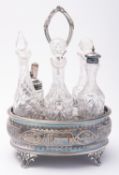 A Victorian silver plate cruet stand and six bottle, not marked, 28cm., (11ins.