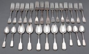 A 19th century matched canteen of silver Fiddle pattern flatware, various dates and makers,