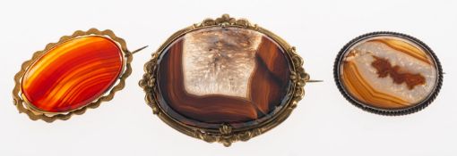 A group of three agate brooches, including a large agate brooch with an ornate gilt mount,