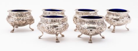 A set of six Victorian silver cauldron salts by White, Henderson & Co, Sheffield 1865,