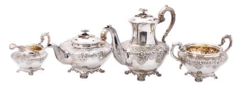 A William IV four piece tea and coffee service by Richard Pearce & George Burrows, London 1834,
