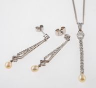 A diamond and pearl pendant with chain and a pair of diamond and pearl drop earrings,
