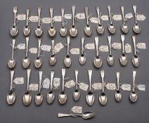 A mixed group of silver spoons; various designs, dates and makers, mostly 19th century 488gms., (15.