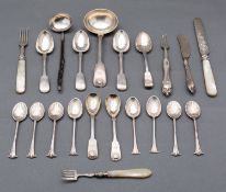 A mixed group of silver flatware including; a pair of Scottish Fiddle and Shell mustard spoons by D.
