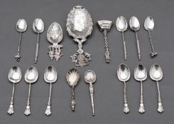 A mixed group of silver spoons including; a set of six Birmingham coffee spoons,