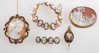 A mixed group of cameo set jewellery, including an oval cameo brooch with a scenic carving,