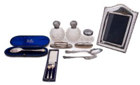 A mixed group of silver including; a cased silver christening spoon by Josiah Williams & Co,