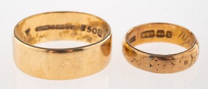 Two wedding bands, including a 9ct gold wide wedding band, UK hallmark, size approx.