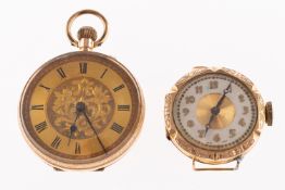 A lady's 9K gold open-faced pocket watch the gold dial with matted and engraved centre,