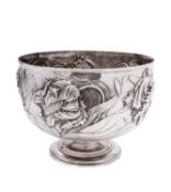 An impressive Arts and Crafts silver punch bowl signed and dated Gilbert Marks '96 by Johnson,