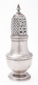 A George II silver muffineer maker's mark poorly struck, London 1749, of baluster form, cast finial,