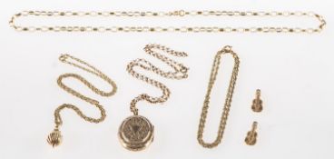 A mixed group of jewellery, including a belcher chain, UK hallmark for 9ct,