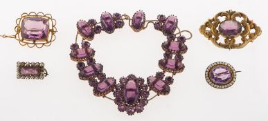 A mixed group of purple stone antique jewellery,