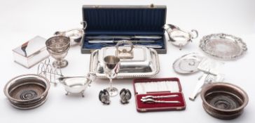 A mixed group of silver plate including; a Sheffield plate cigarette casket,