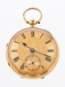 An 18K gold open-faced pocket watch the gold dial having a finely engraved centre,