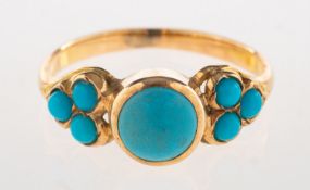 A turquoise ring, collet set with circular-cut turquoise cabochons, unmarked yellow metal, size L,