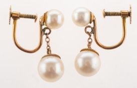 A pair of cultured pearl drop earrings, screw back fittings,