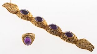 A Chinese gilt amethyst set filigree work bracelet and ring,