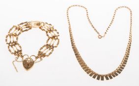 A 9ct gold gate bracelet and a fringe necklace,