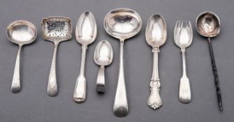 A mixed group of silver flatware including; a Fiddle pattern spork by Reid & Sons, Newcastle 1816,
