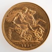 A full sovereign, Victoria 1891, 8.0grams.
