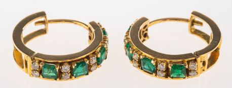 A pair of emerald and diamond half hoop earrings,