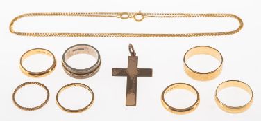 A mixed group of jewellery, including two wedding bands, both marked 750, both size I1/2 to J,