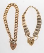 A group of two bracelets, including a gate bracelet with heart padlock and safety chain,