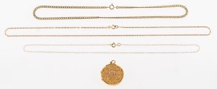 A group of three chains and a locket, including a curb chain, UK hallmark for 9ct 375 to jump ring,
