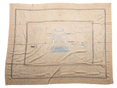 An embroidered Chinese silk the ivory cloth worked with blue,