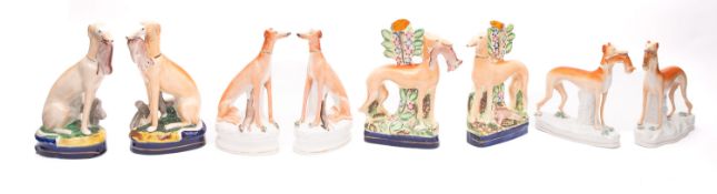 Four pairs of Staffordshire Greyhounds and Hare groups comprising two seated pairs,