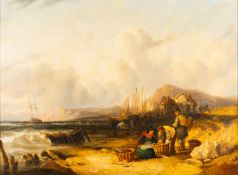 William Shayer (British 1787-1879) - Fisherfolk on a windswept beach with a mountainous landscape,