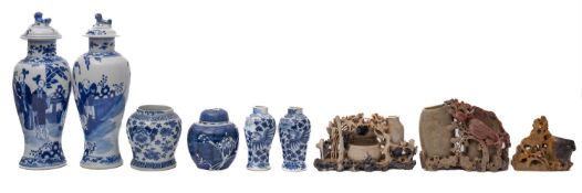 A mixed lot of Chinese blue and white porcelain and carved soapstone,