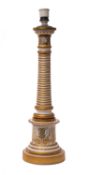 A Continental porcelain column table lamp decorated in gilt with shell,